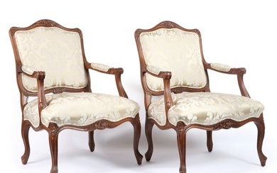 Baker Furniture pair of Louis XV style bergere armchairs with damask upholstery. 37 1/2"H x 27 1/4"W