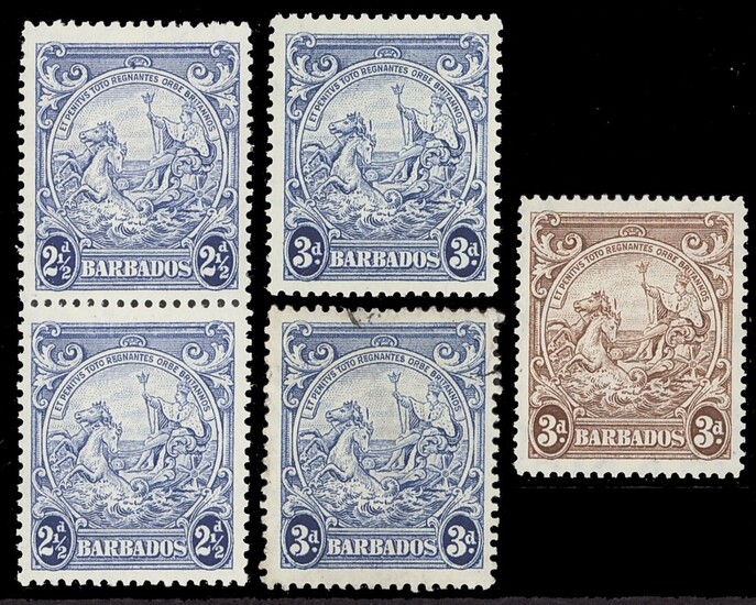 Barbados 1938-47 Issue 2½d. blue perf. 13x13½ vertical pair, variety mark on central ornament,...