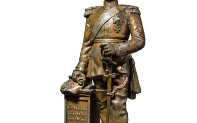 Bismarck en uniforme de cuirassier, circa 1900 Zinc, bronzé (usé). Figure entière debout, tête nue,...