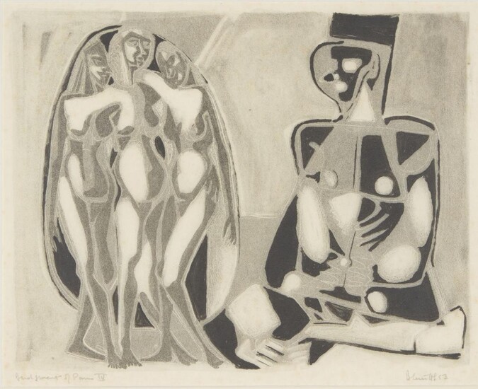 Blair Hughes-Stanton, British 1902-1981 - Judgement of Paris IV, 1953; monotype on wove, signed, dated and titled in pencil, image 32 x 25cm (framed) (ARR)
