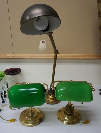 Brass Articulating Reading Lamp with Two Brass Clerk Lamps with Emearlite Green Shades