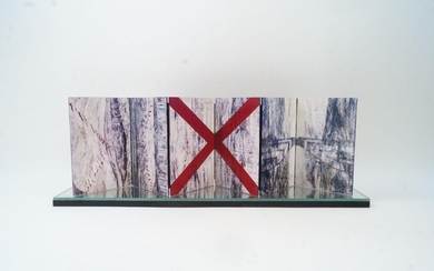 British School, late-20th/early-21st century- Untitled abstract composition; oil and mixed media on four folded joined panels mounted on mirrored plinth, 9 x 60 x 15 cm