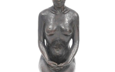 Bronze Figure of Kneeling Nude Female Marble Base