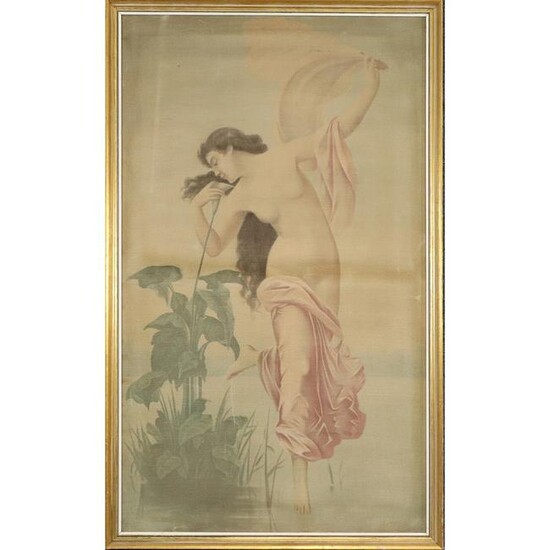 C. 1920 Painting on Fabric Art Nouveau Semi Nude Woman