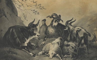 C. Lainé, French, early-mid 19th century- Goats, sheep, and a cow with a standing cloaked figure in a landscape; drawn 'en grisaille' in pencil, grey and black wash, heightened with scratching out on paper, signed 'C. Lainé' (lower left), 28.2 x...