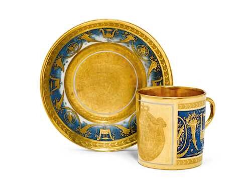 CABINET DISPLAY CUP AND SAUCER WITH ROYAL COAT OF ARMS