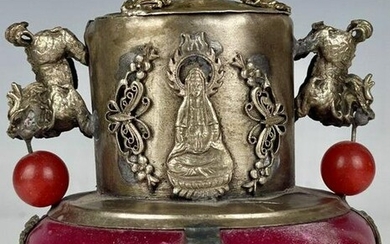 CHINESE CLAD SILVER AND HARD STONE VESSLE