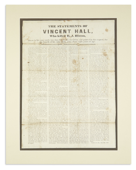 (CRIME.) Hall, Vincent. The Statements of Vincent Hall, Who Killed E.J. Hinton. Letterpress...