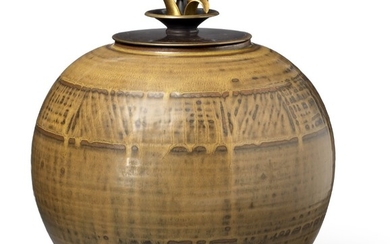 Carl Halier, Knud Andersen: A circular stoneware lid jar modelled with relief decor and bronze lid. H. 26.5 cm.