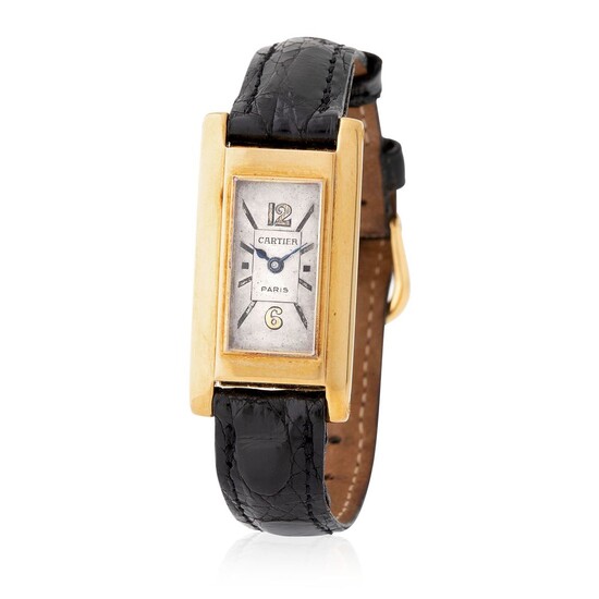 Cartier Paris. Attractive Mini Tank Rectangular-Shape Wristwatch in Yellow Gold, With Silver Arabic and Baton Numerals Dial