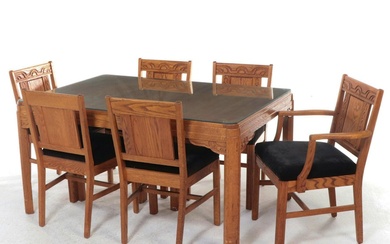Carved Oak Extension Dining Table and Six Chairs