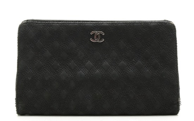 Chanel Black Nubuck Diamond Stitched Leather Continental Wallet