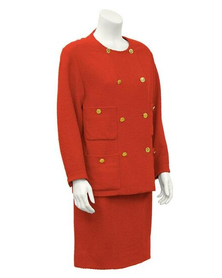 Chanel Red Double-Breasted Boucle Skirt Suit