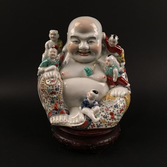 Chinese Famille Rose 'Happy Buddha and Kids' Figure