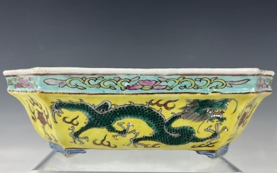 Chinese Yellow Ground Green Dragon Porcelain Bonsai Planter Marked
