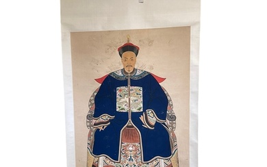 Chinese hand painted ancestor scroll wall hanging, image 93c...