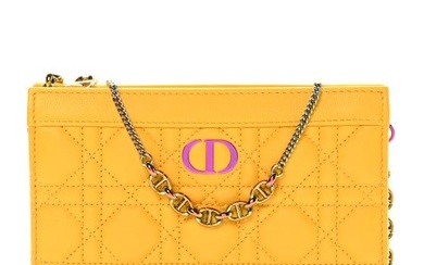 Christian Dior Calfskin Cannage Caro Zipped Pouch With Chain Sunny Yellow