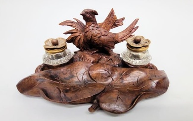 Circa 1870's Black Forest Inkwell with carved bird decoration. Has glass & brass ink reservoirs .