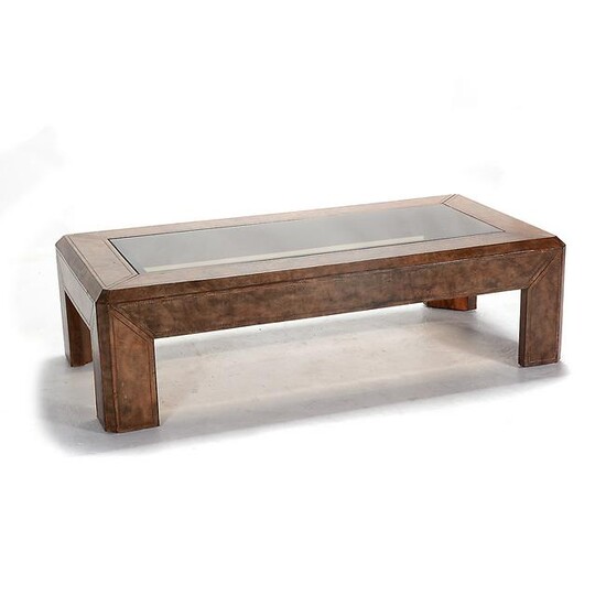 Coffee Table with Leather Wrapped Frame and Inset Glass