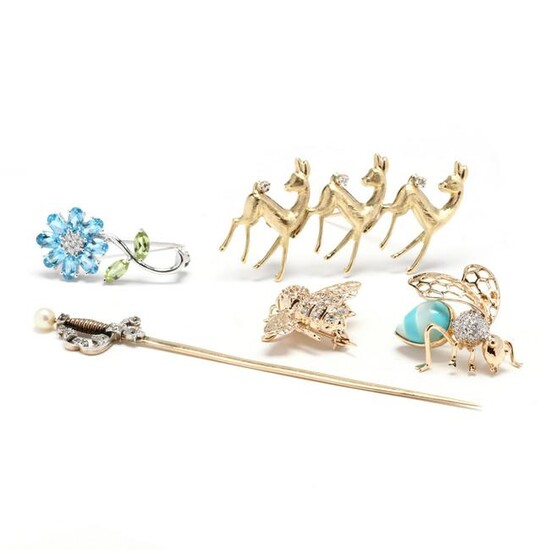 Collection of Gold and Gem-Set Brooches and an Antique