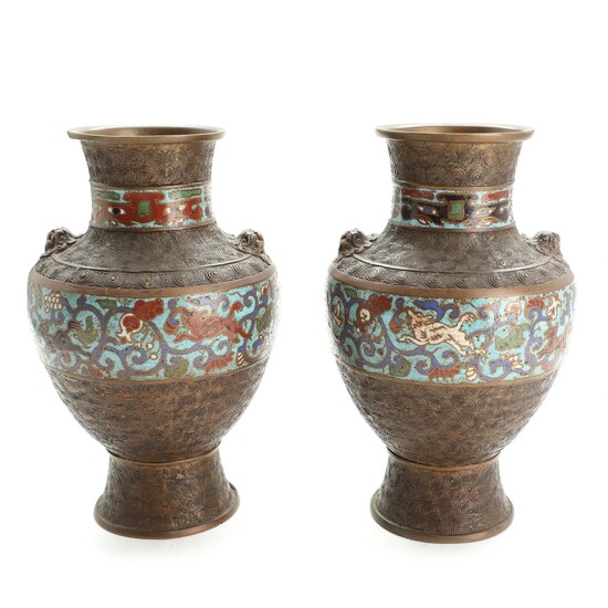 NOT SOLD. A pair of Chinese patinated bronze vases, decorated with cloisonné enamel. Circa 1900....
