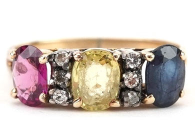 Continental gold multi gem ring set with six diamonds, ruby,...
