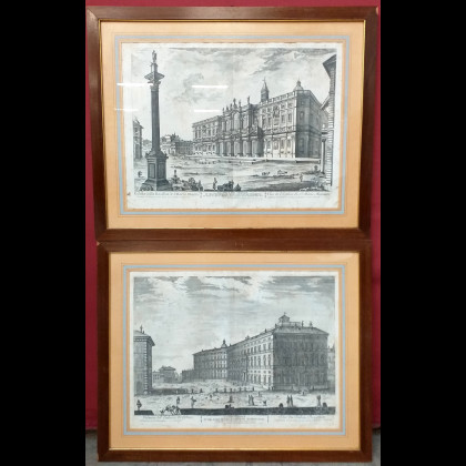 Coppia di incisioni del sec. XVIII raffiguranti veduta di Palazzo Borghese e veduta della Basilica di Santa Maria Maggiore in...