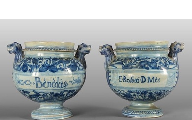 Coppia di vasi in maiolica bianca e blu da