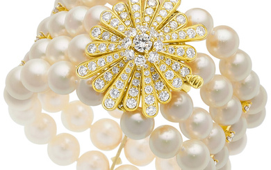 Cultured Pearl, Diamond, Gold Bracelet Stones: Full-cut diamonds weighing...