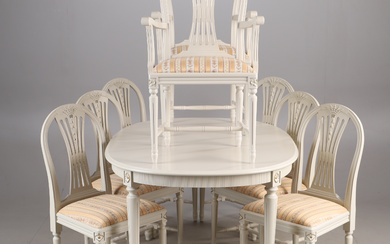 DINING ROOM GROUP, 9 pieces, “Axet”, white painted, Gustavian style.