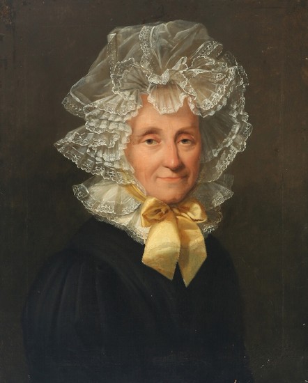 Danish painter, early 19th century: Portrait of woman with a yellow scarf. Unsigned. Oil on canvas. 66×53 cm.