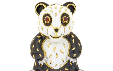 David Webb Gold, Platinum, Black and White Enamel, Diamond and Cabochon Ruby Panda Bear Clip-Brooch