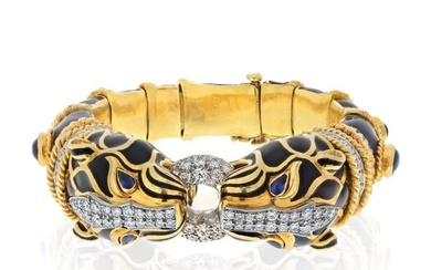 David Webb Platinum & 14K Yellow Gold Double Lion Black Enamel Sapphire Eyes Diamonds Bracelet