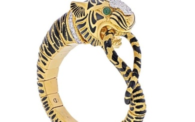 David Webb Platinum & 18K Yellow Gold Diamond And Black Enamel Tiger Bracelet