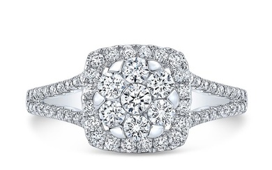 Diamond Cluster Ring With Cushion Border And Micro-pave Split Shank In 14k White Gold