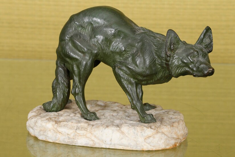 Dog on the lookout Green patina bronze on a marble...