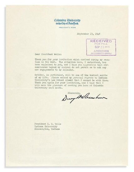 EISENHOWER, DWIGHT D. Typed Letter Signed, to IN