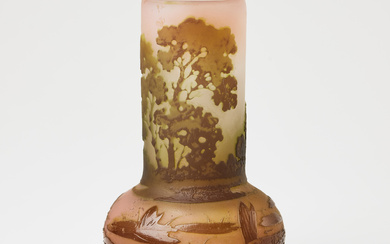 EMIL GALLÉ. Vase, France early 20th century, overhang in brown with etched sea scenery against pink background.