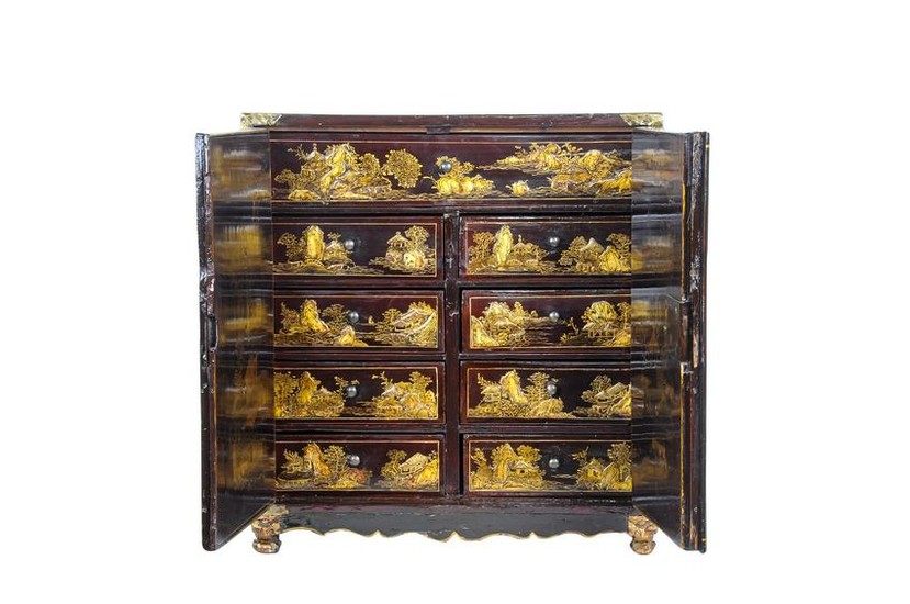 ENGLISH JAPANNED RED & GILT LACQUERED CABINET
