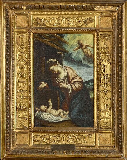 Ecole italienne du XVII-XVIIIè siècle. "La Vierge adorant l'Enfant Jésus dans la crêche" Huile sur...