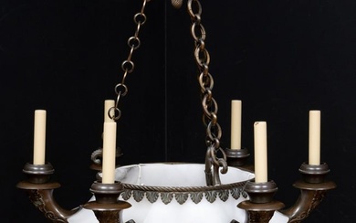 Empire Style Patinated Bronze-Mounted Alabaster Six-Light Chandelier