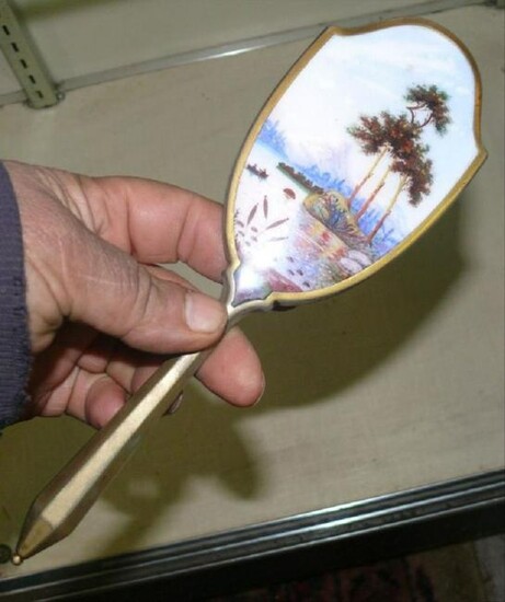 Enamel Porcelain Hand Held Oval Mirror W/Tropical