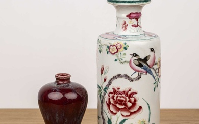 Famille rose vase and a flambe vase Chinese painted with...