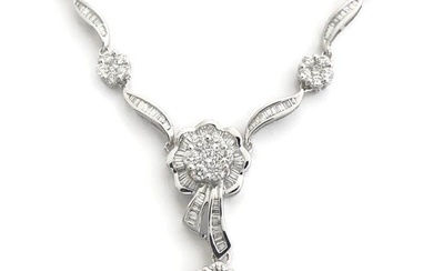 Flower Cluster Diamond Pendant Y Lariat Necklace 18K White Gold 2.29 CTW 13.84 G