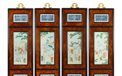 Four panels with famille rose porcelain plaques, early 19th century