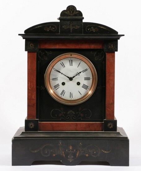 French Black Marble and Slate Mantle Clock with Rouge Marble Insert Panels (H:44cm,)