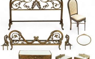 French Brass Bedroom Set: Chair, Mirror, Vanity, Night Stands, Bed with Headboard & Footboard, Ca.