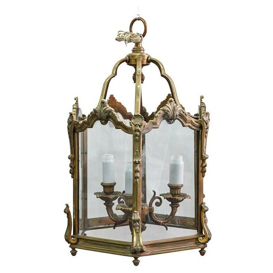 French Bronze & Glass Ceiling Lantern Lamp