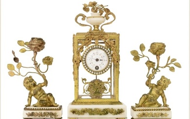 French Gilt Bronze & Marble Clock Garniture