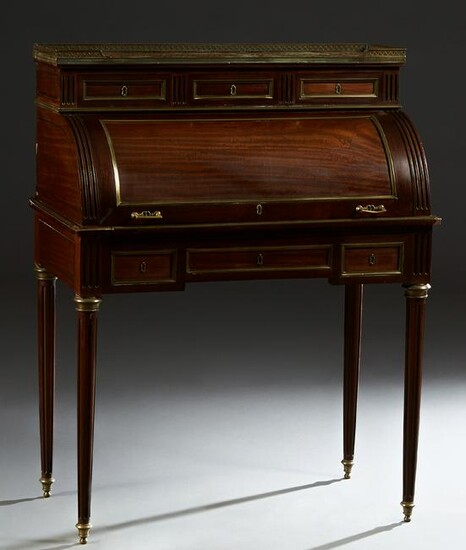 French Louis XVI Brass Inlaid Marble Top Mahogany